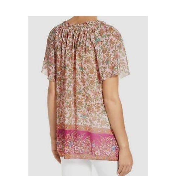 Lucky Brand NWT Sz XS Floral Border Blouse Sheer Multicolor Short Sleeve Top - Picture 5 of 9